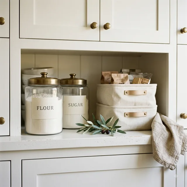 Labeled canisters and white bins on a pale oak pantry shelf