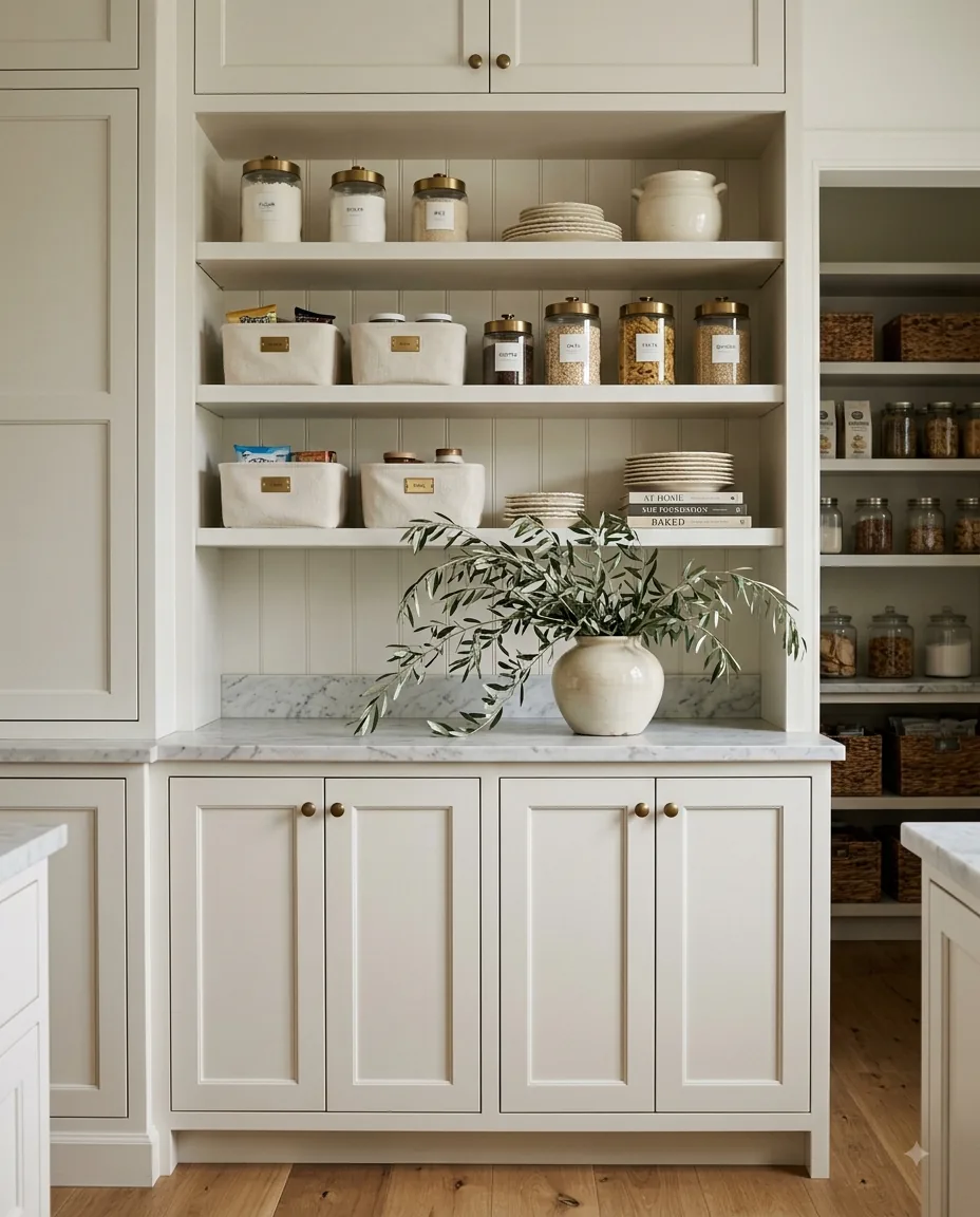 Organized modern pantry with labeled canisters and bins